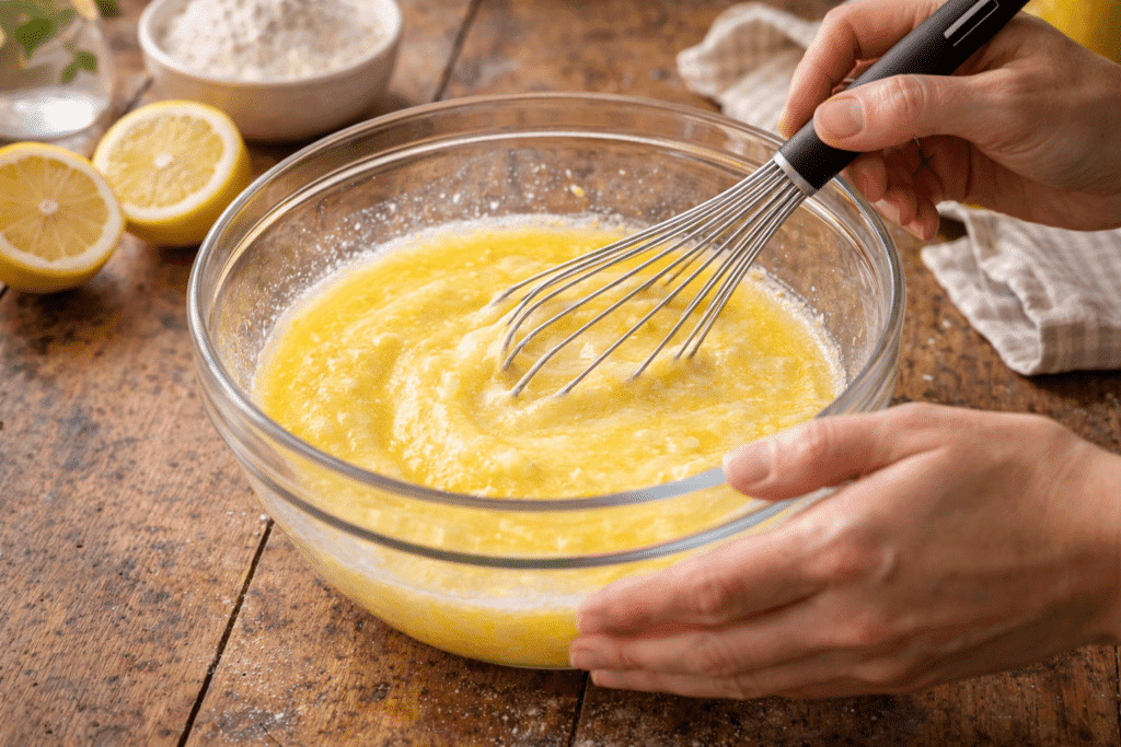Mixing wet ingredients for Lemon Cupcakes