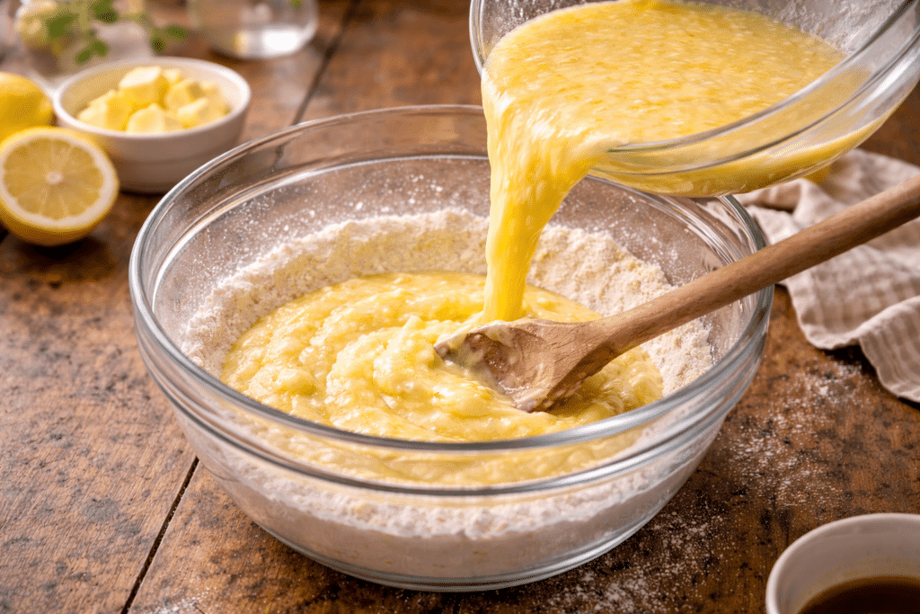 Combining wet and dry ingredients for Lemon Cupcakes