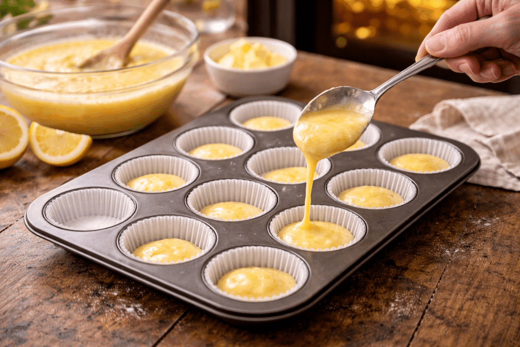 Filling cupcake liners with lemon batter