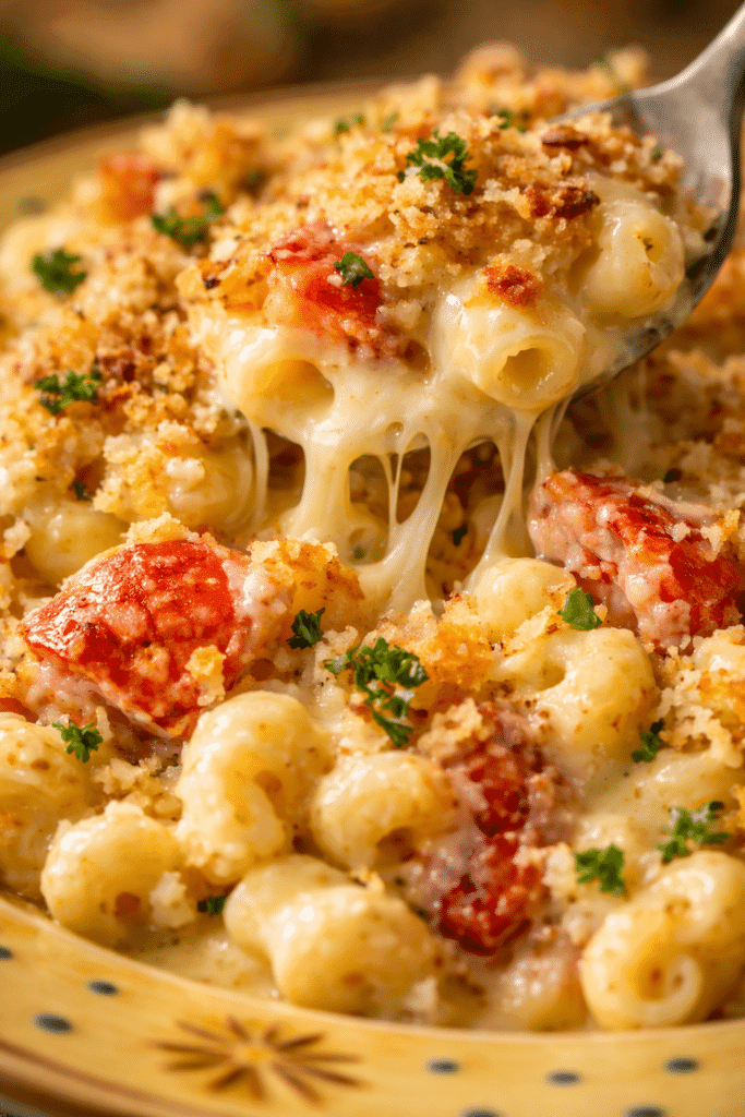Close-up of Lobster Mac and Cheese showing creamy texture and lobster pieces