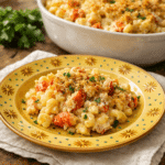 Lobster Mac and Cheese baked with creamy cheese sauce and golden breadcrumb topping