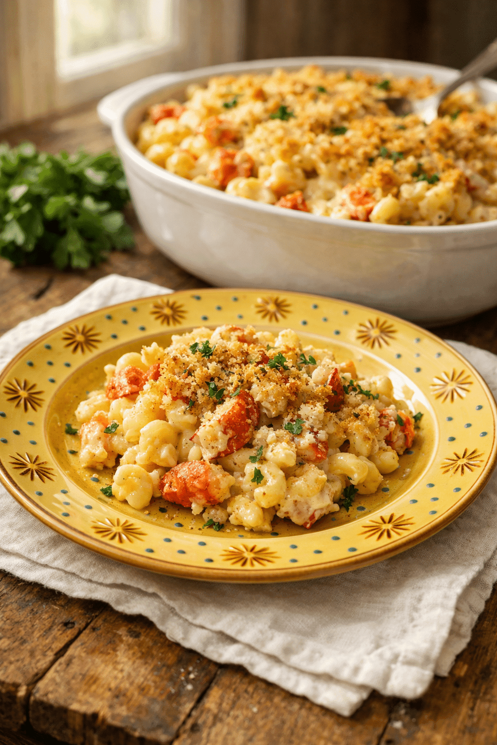 Lobster Mac and Cheese baked with creamy cheese sauce and golden breadcrumb topping