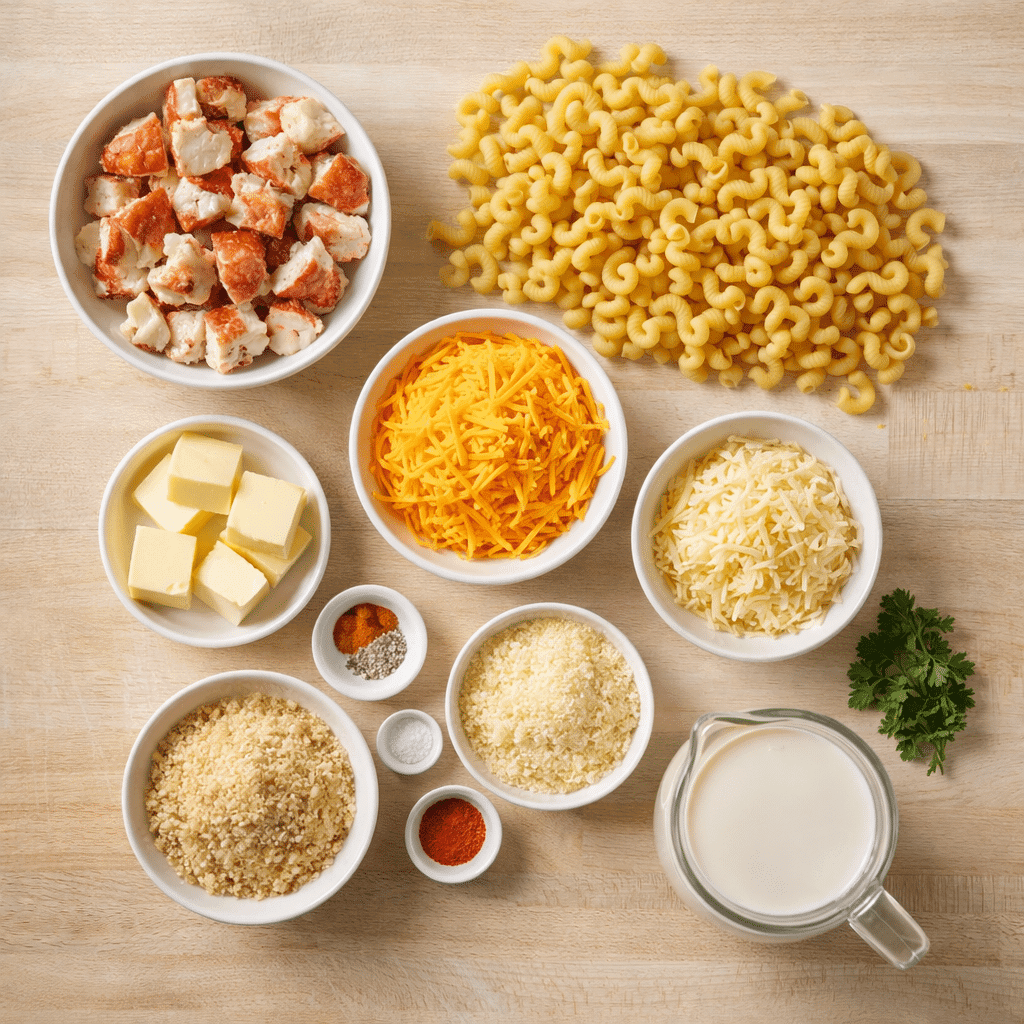 Ingredients for Lobster Mac and Cheese arranged on a wooden surface