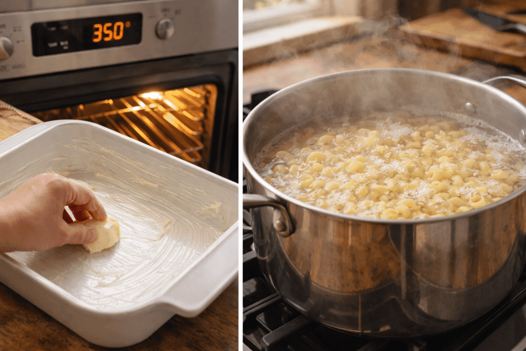 Preheating oven and boiling pasta for lobster mac and cheese