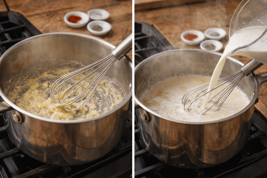 Making cheese sauce base for lobster mac and cheese