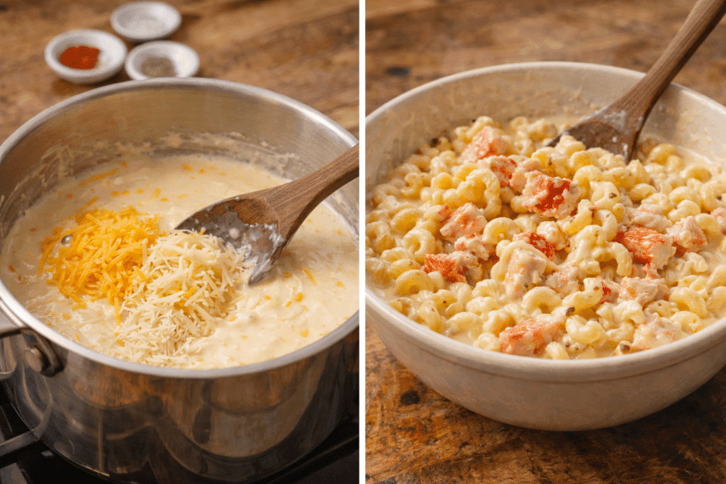 Mixing lobster and pasta into cheese sauce