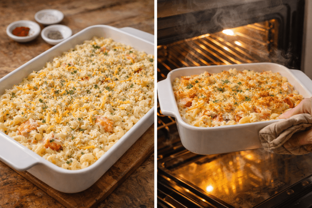 Baking lobster mac and cheese with breadcrumb topping