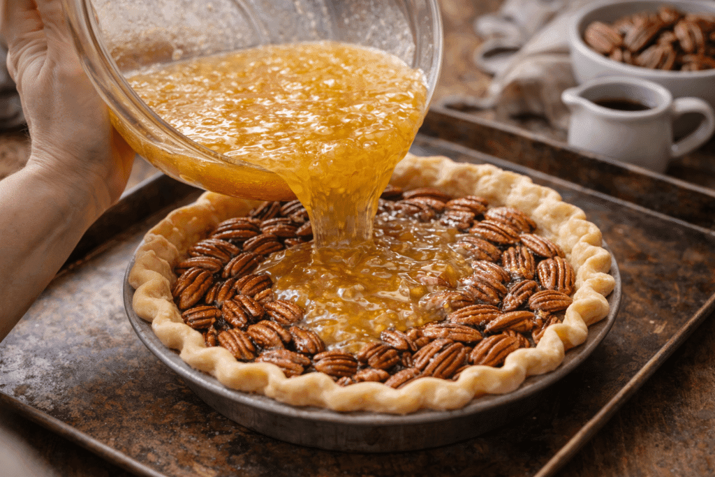 Pouring Pecan Pie Filling into Crust