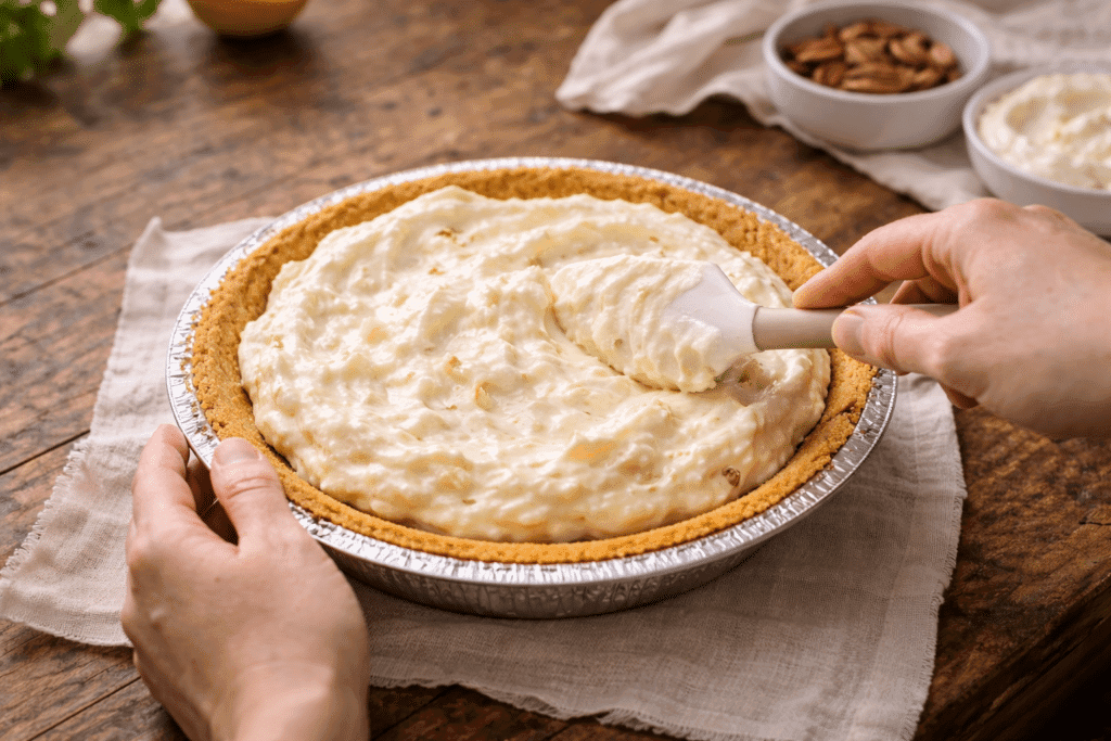 Filling the Graham Cracker Crust for Millionaire Pie