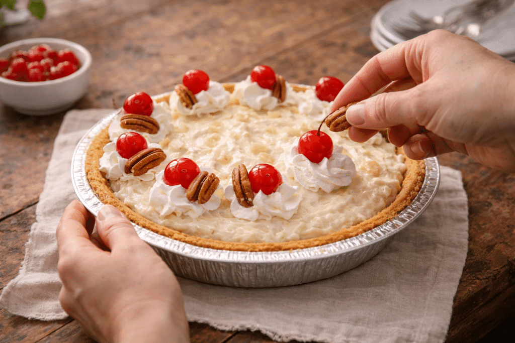 Garnishing Millionaire Pie with Whipped Cream and Cherries