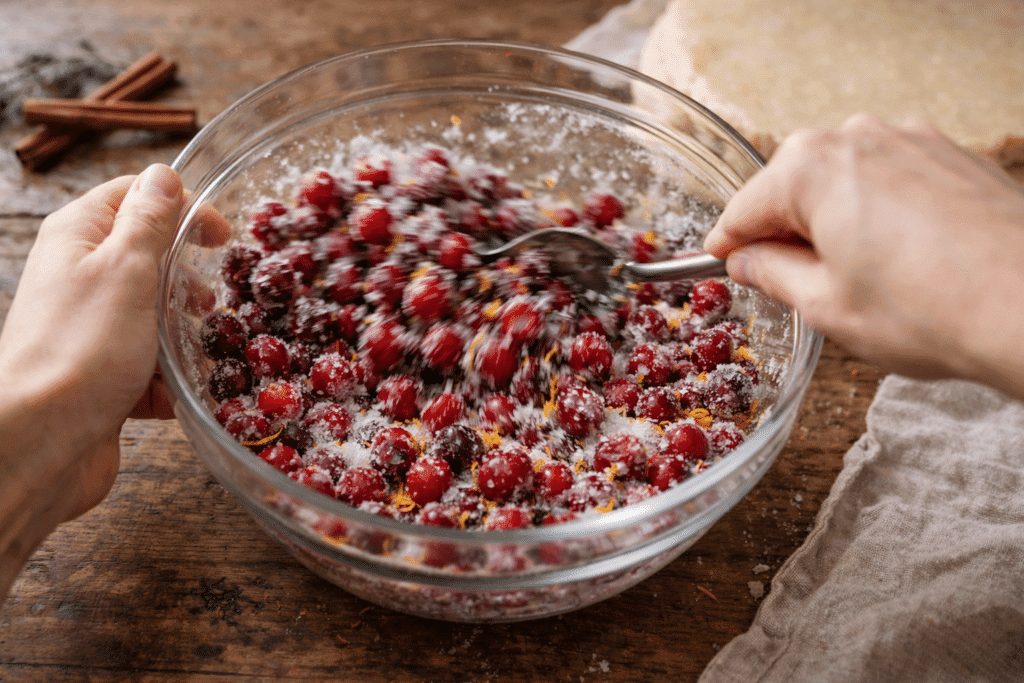 Hands mixing cranberry filling with sugar and orange zest