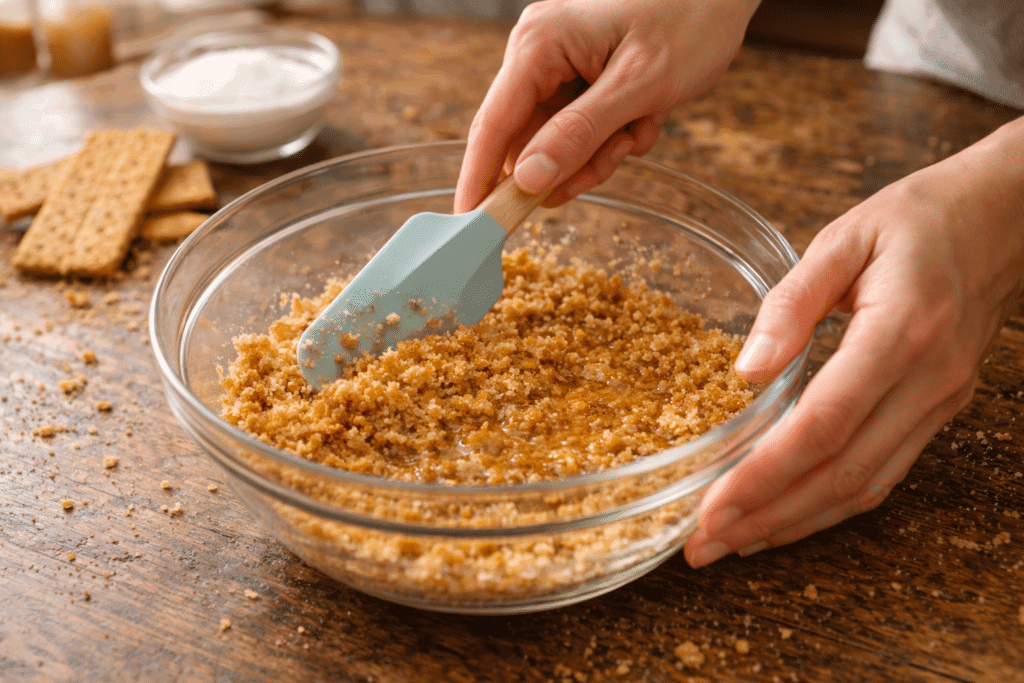 Mixing graham cracker crumbs with melted butter and sugar in bowl