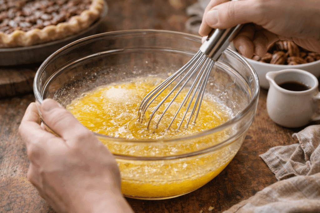Mixing Pecan Pie Filling Ingredients in Bowl