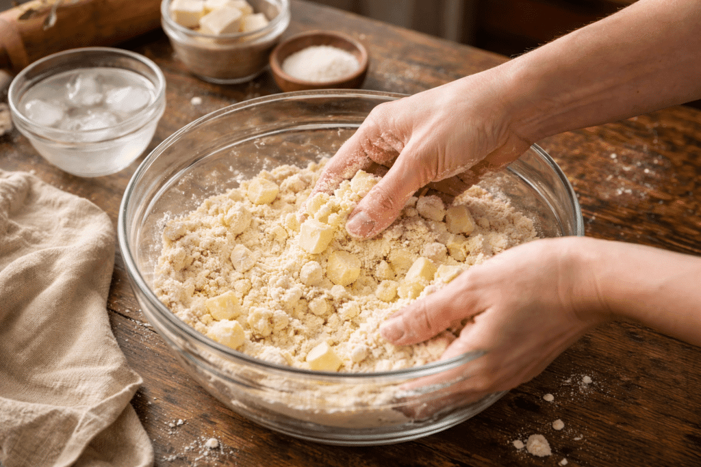 hands mixing pie crust dough