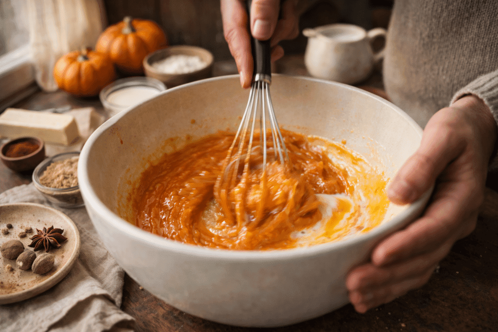 Hands mixing pumpkin pie filling in a glass bowl