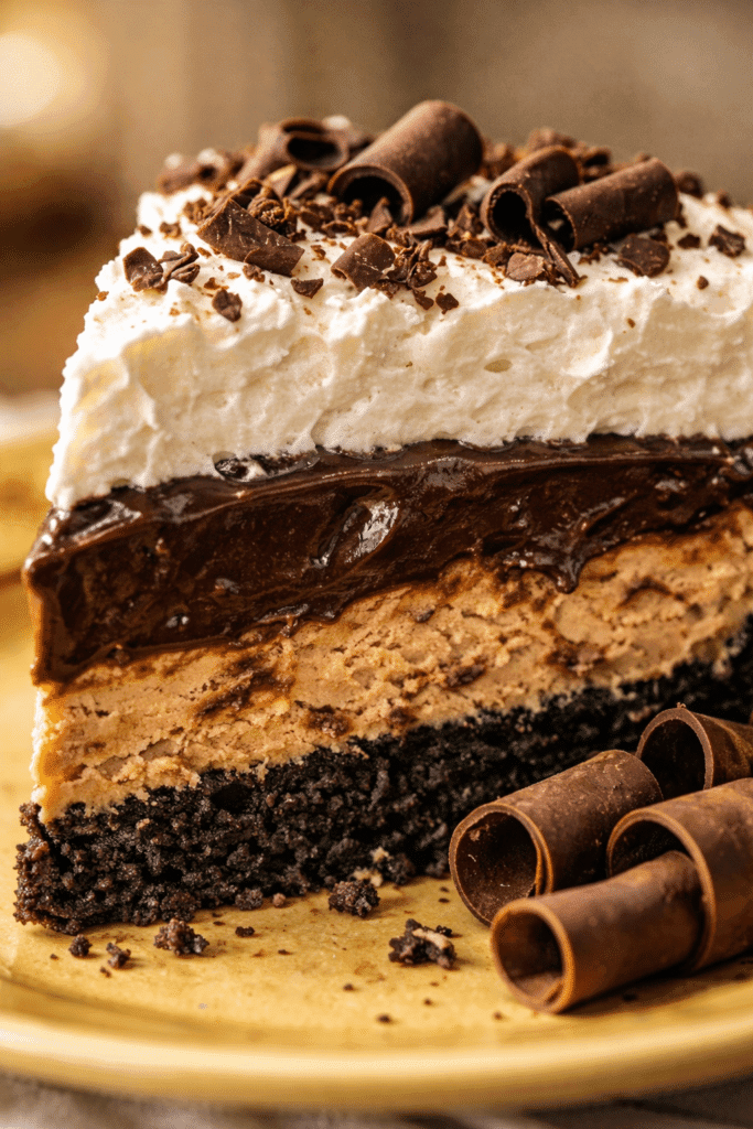 Close-up of Mud Pie layers showing brownie and pudding texture