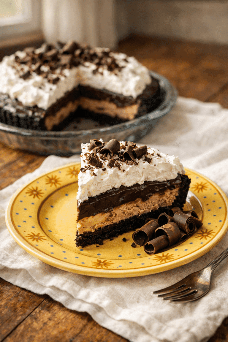Mud Pie served on yellow plate with chocolate curls