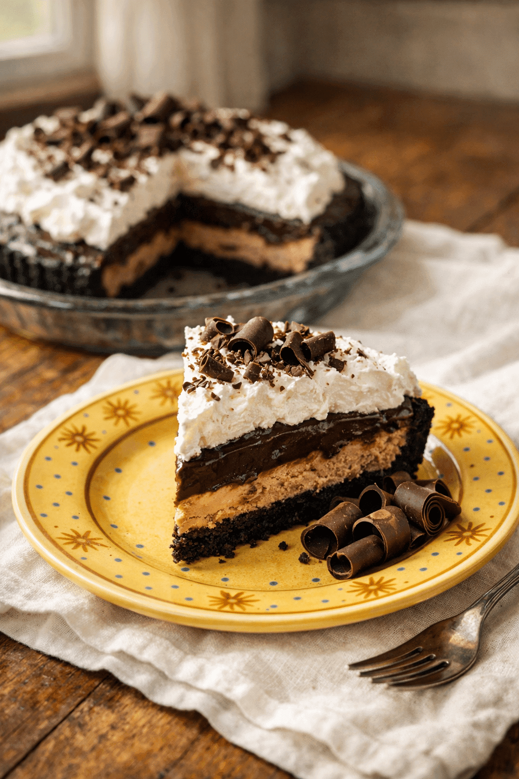 Mud Pie served on yellow plate with chocolate curls
