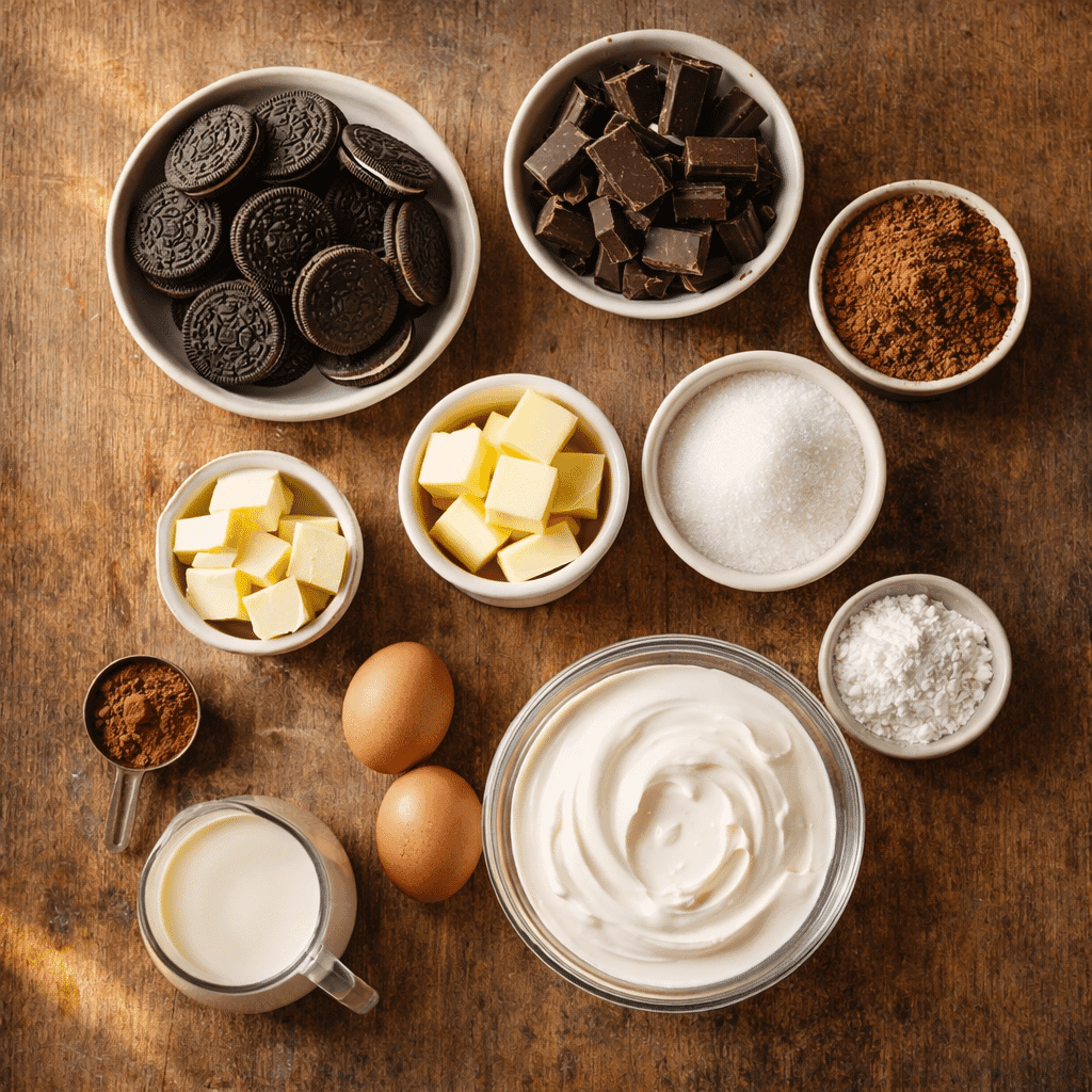 Mud Pie ingredients flatlay on wooden surface
