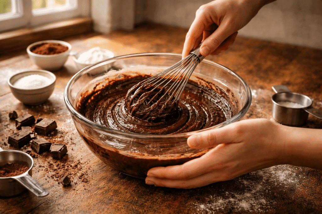 Hands mixing brownie batter for Mud Pie