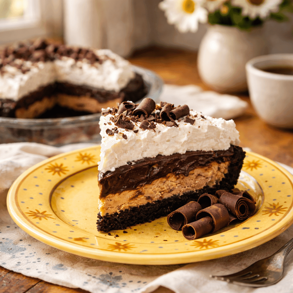 Mud Pie slice served on yellow plate with golden rim
