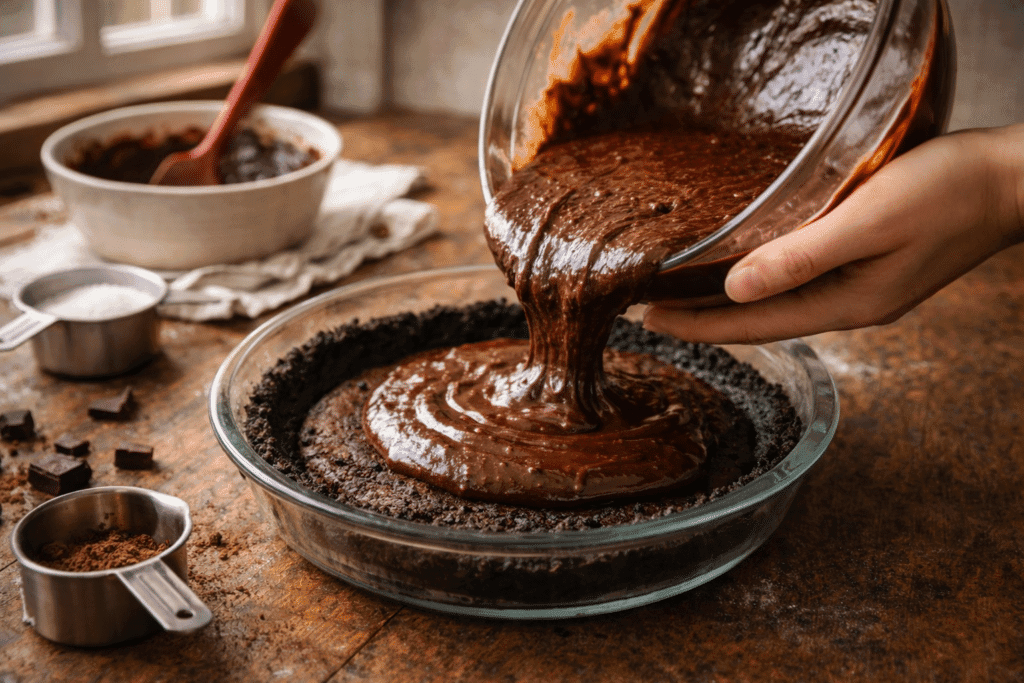 Pouring chocolate pudding over brownie crust for Mud Pie
