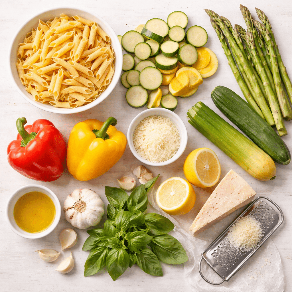Pasta Primavera ingredients flatlay
