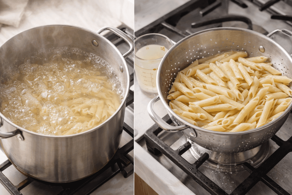 Cooking and draining pasta for Pasta Primavera