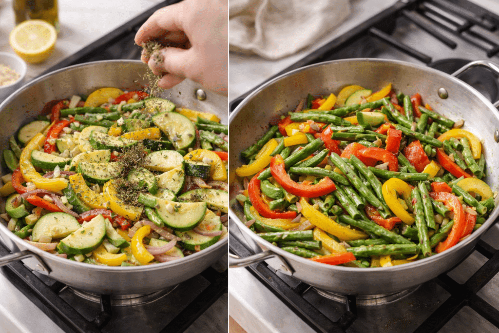Seasoning vegetables and removing skillet from heat for Pasta Primavera