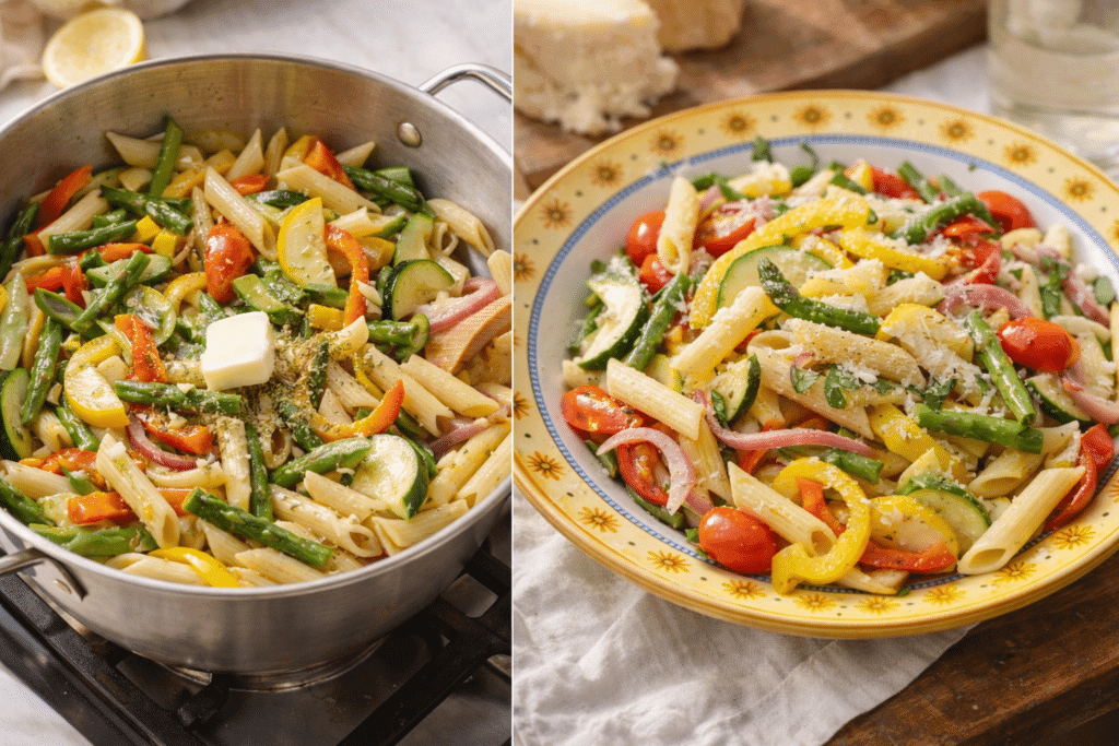 Combining pasta and vegetables and serving Pasta Primavera