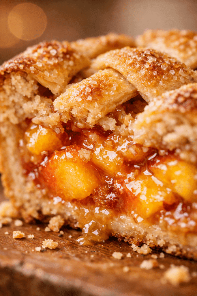 Close-up of peach pie lattice crust and filling