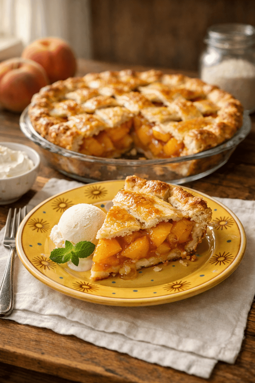 Homemade Peach Pie Recipe served on a yellow plate