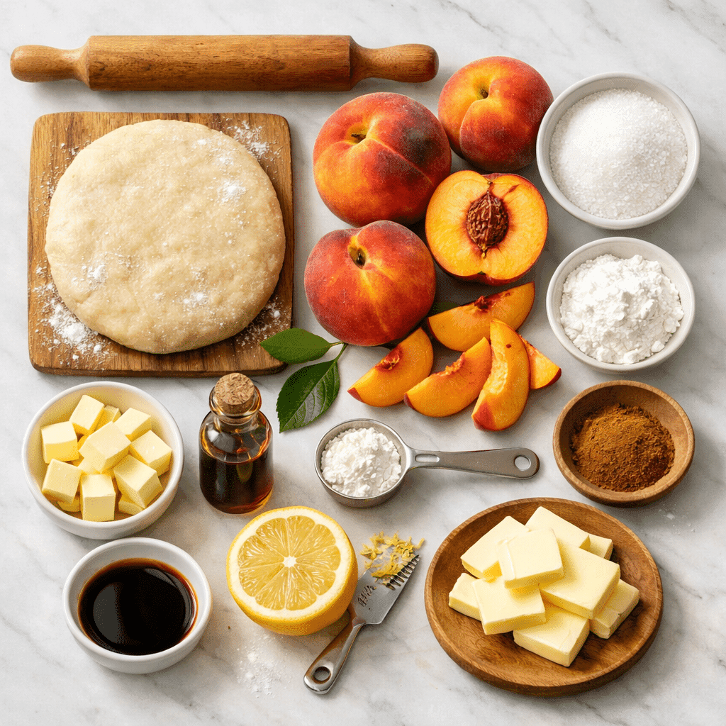 Flatlay of fresh peach pie ingredients on white marble