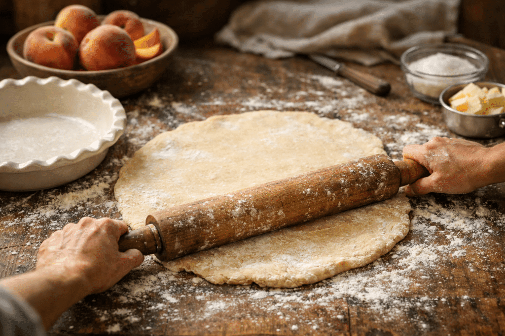 Preparing pie dough for peach pie recipe