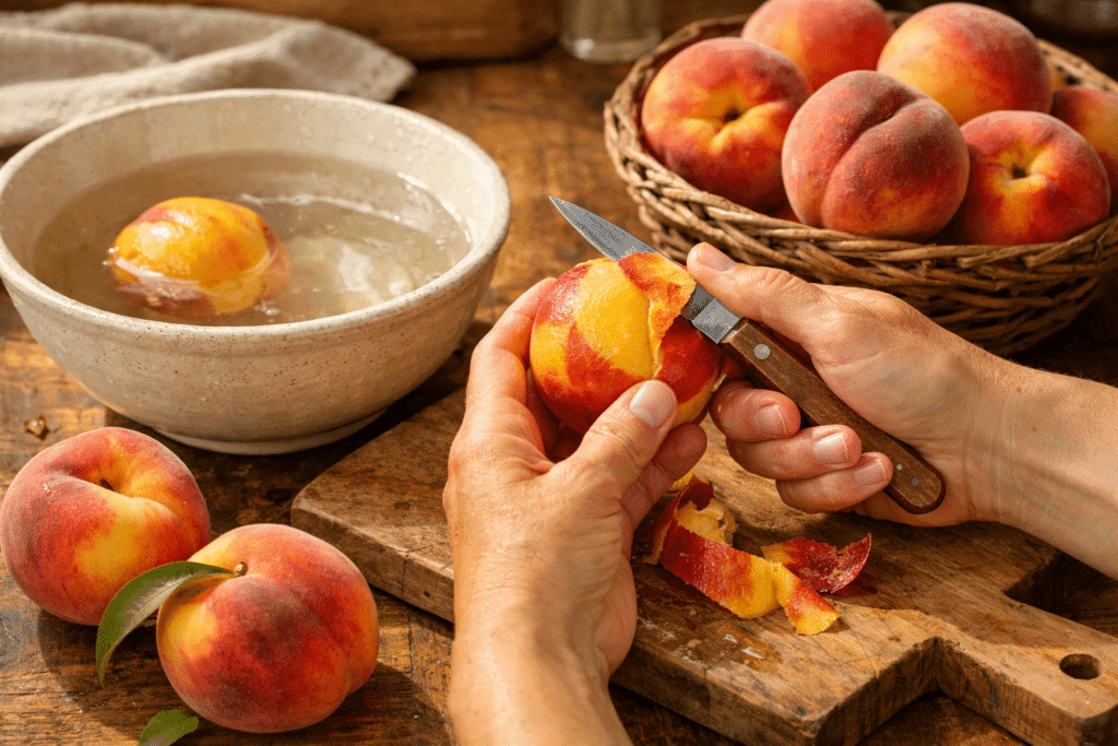 Peeling fresh peaches for peach pie recipe