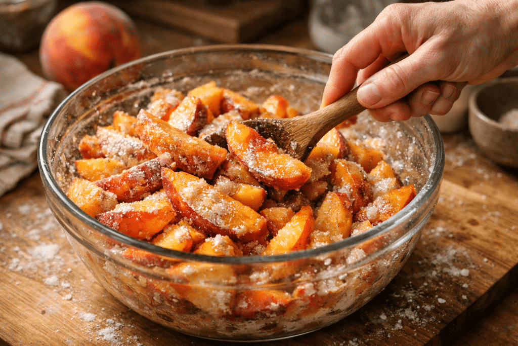 Mixing peach filling ingredients in glass bowl