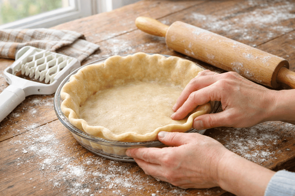 Shaping bottom crust in pie dish for peach pie