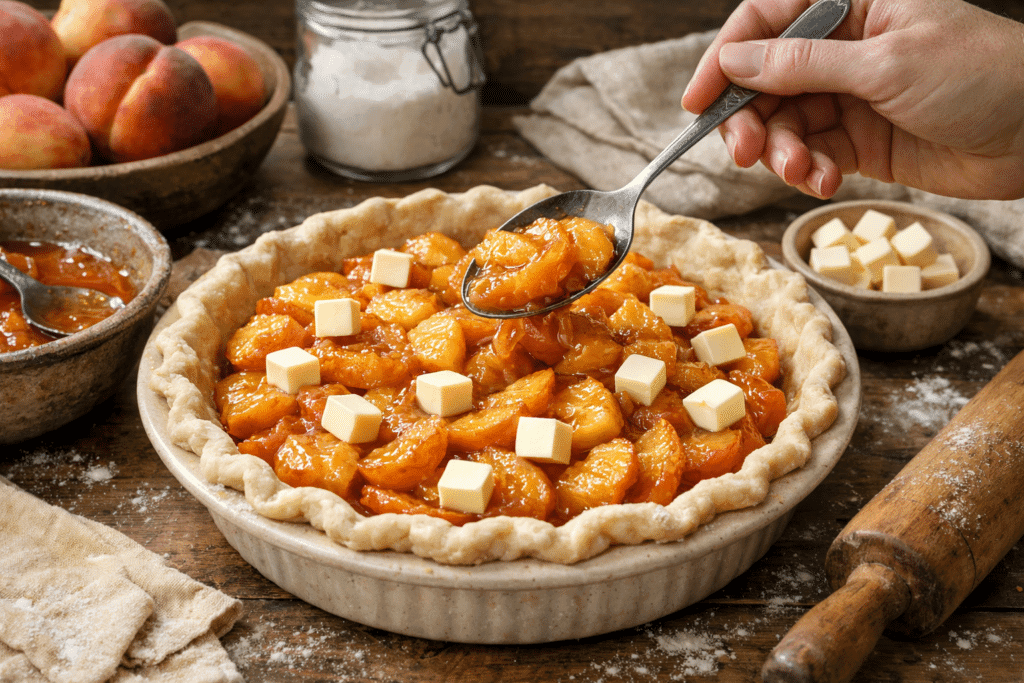 Adding peach filling and butter cubes to pie crust