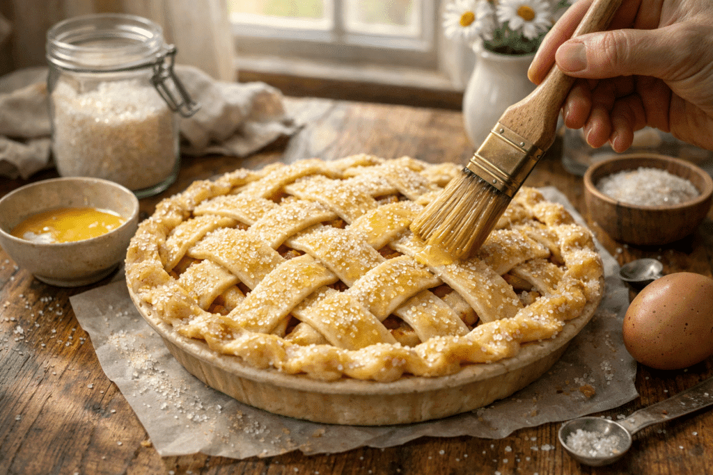 Brushing egg wash over lattice pie crust