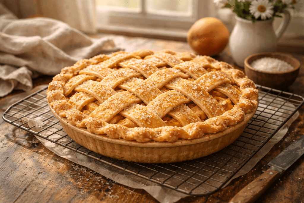 Freshly baked peach pie cooling on rack