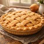 Freshly baked peach pie cooling on rack