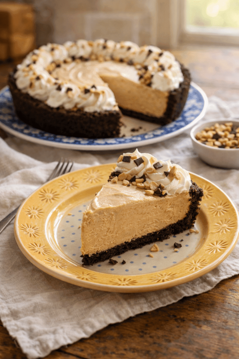 Homemade Peanut Butter Pie with creamy filling and chocolate crust