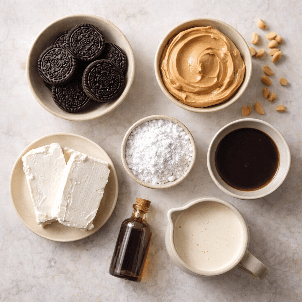 Flatlay of ingredients for Peanut Butter Pie on marble background