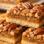 Close-up of pecan pie bars showing caramelized pecan topping and buttery crust
