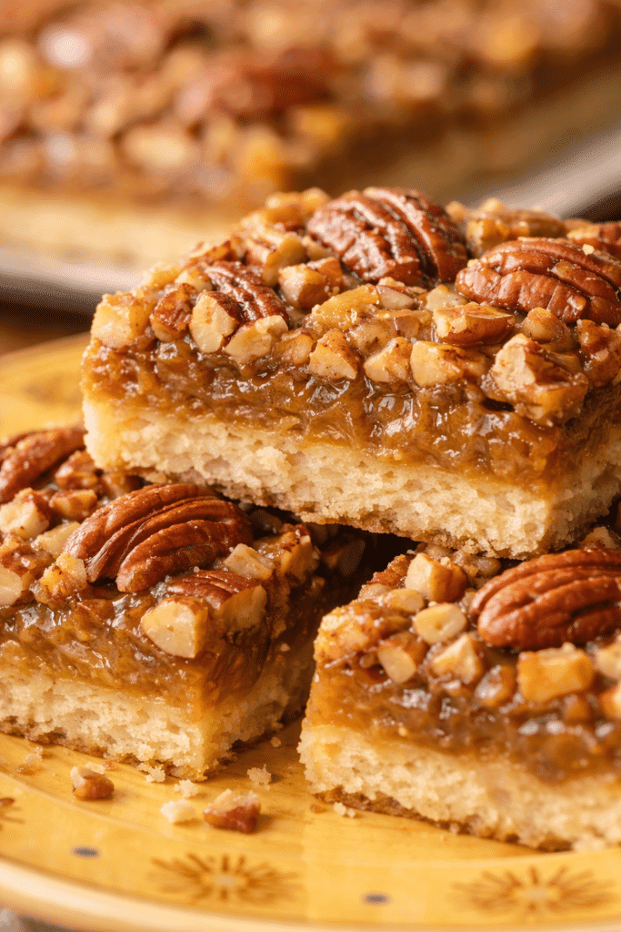 Close-up of pecan pie bars showing caramelized pecan topping and buttery crust