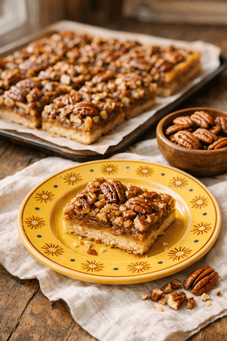 Homemade pecan pie bars served on a yellow plate with toasted pecans