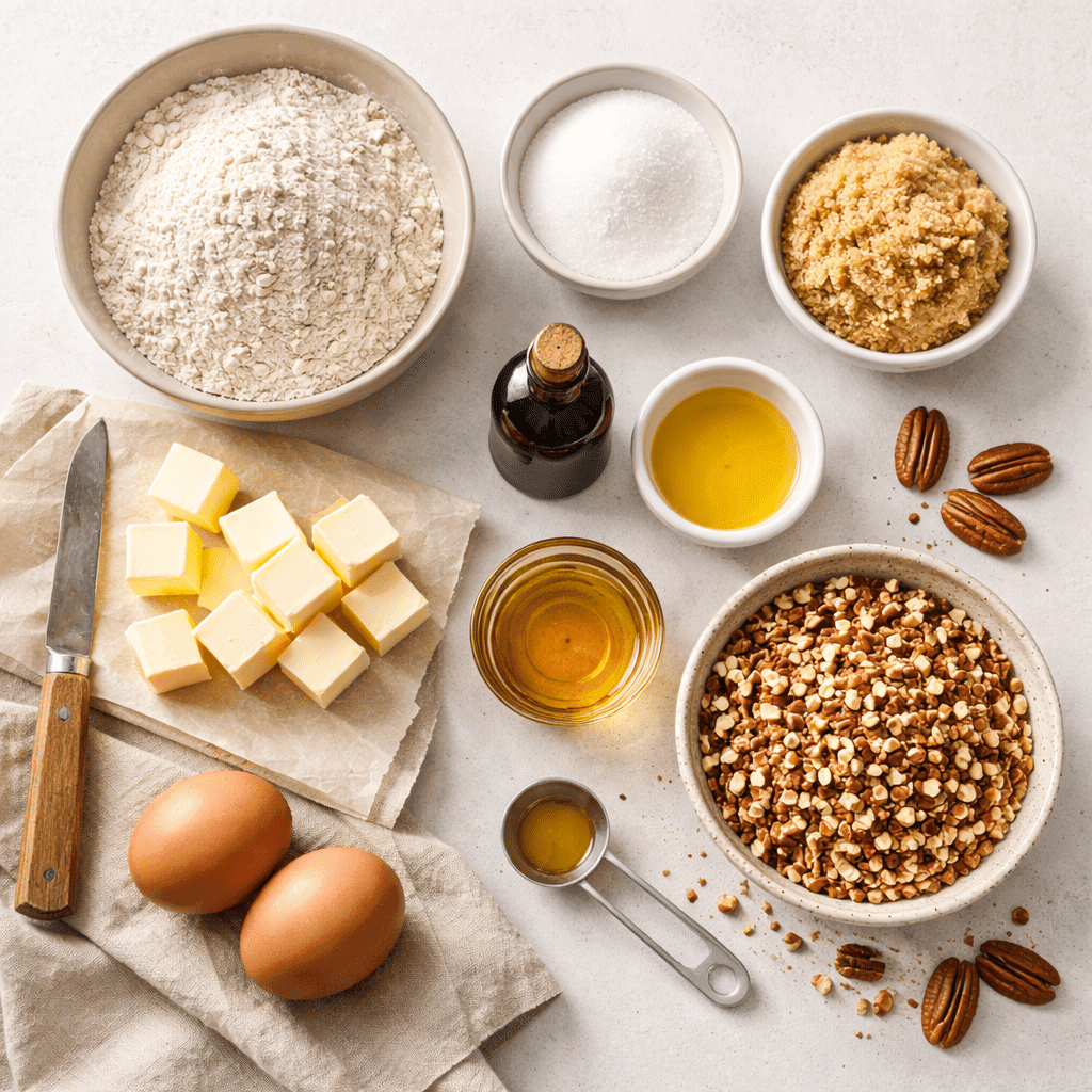 Flatlay of ingredients for pecan pie bars on white background