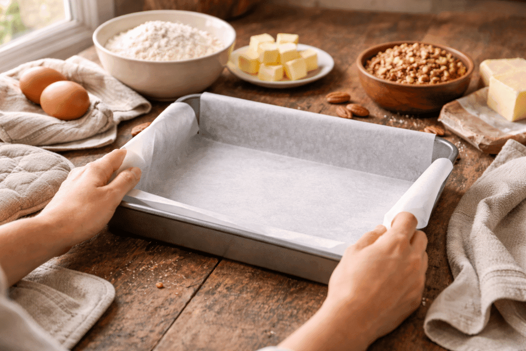 Lining a baking dish with parchment paper for pecan pie bars