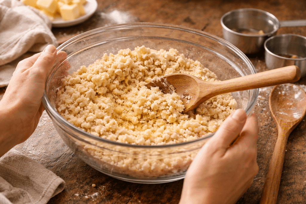 Mixing shortbread crust dough for pecan pie bars in a glass bowl