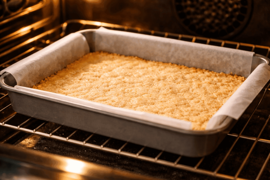 Golden shortbread crust for pecan pie bars baking in the oven